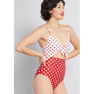 𝅺ModCloth Retro Cherry Red‎ Cutout One Piece Polka Dot Swimsuit Pin Up Style L